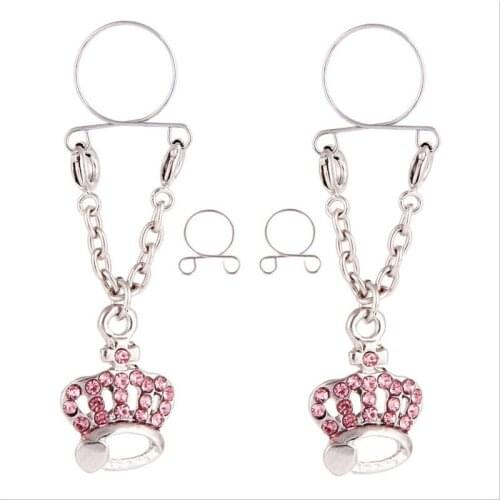 Sexy Crown Non pierced Clip On Nipple Ring Women Nipple Crystal Fake Nipple Shield With Tassel Dangle Adjustable Body Jewelry