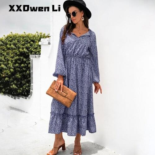 Autumn Women V-neck Lace Up Long Sleeve Midi Dress Woman Spring Fashion Floral Print Ruffle Pleated Casual Ladies Red Dresses