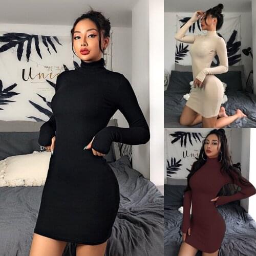 Womens Sexy Party Dress Autumn Long Sleeve Slim Bodycon Dress Tunic High Collar Casual Pencil Dress long sleeve dress