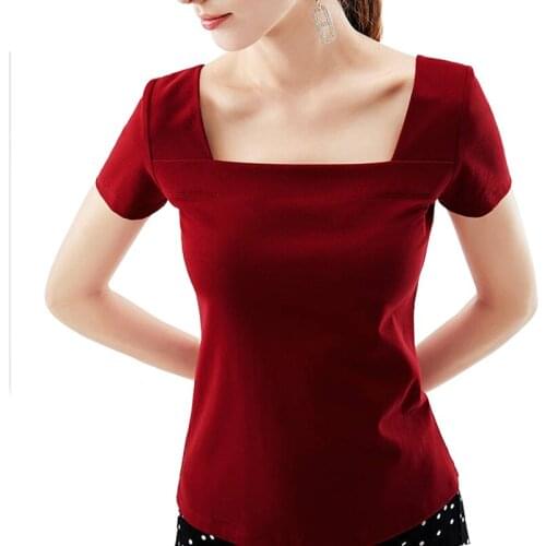 Elegant Summer Women Sexy Tops Tees 2021 Top French Elegant Summer Red Solid Color Sexy T-Shirt Womens Short Sleeve Clothes