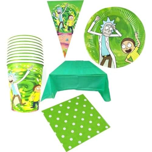 51pcs/lot Happy Birthday Party Rick And Morti Theme Napkins Hanging Cups Flags Plates Tablecloth Decorate Kids Favors Bunting