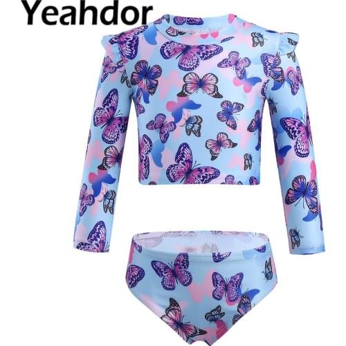 Kids Girls Summer Swimming Suit Round Neck Long Sleeves Cartoon Printed Tops and Briefs Set Children Beach Swimming Bathing Suit