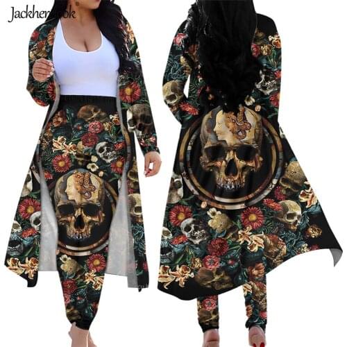 Jackherelook Floral Sugar Skull Print Gothic Clothing Plus Size Open Front Cardigans High Waist Pants 2 Piece Clubwear Outfits