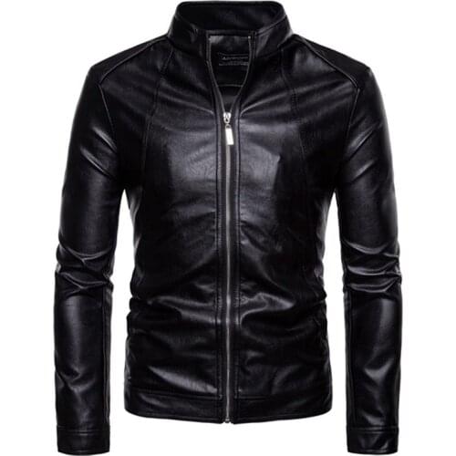 Fashion Mens Leather Jackets Motorcycle Stand Collar Zipper Pockets Male PU Coats Biker Fashion Outerwear Mens Coat