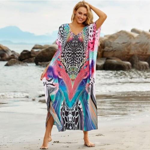 Boho Deep V-neck Bikini Cover-ups Summer Beach Dress Chiffon Tunic Women Plus Size Sexy Beach Wear Swim Suit Cover Up