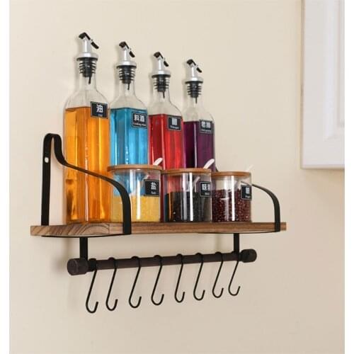 Wall-Mounted Rustic Wooden Storage Shelf Bathroom And Kitchen Decorative Rack With 8 Removable Hooks And Towel Rail