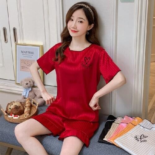 2021Summer New Womens Pajamas Ice Silk Round Neck Short-sleeved Pullover Home Service Pijamas Women Sleepwear Sleep Tops