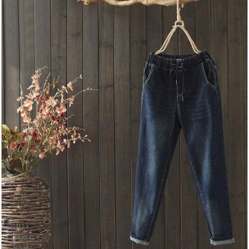 Autumn new style literary and leisure lace-up jeans womens self-cultivation feet pants all-match harem long pants