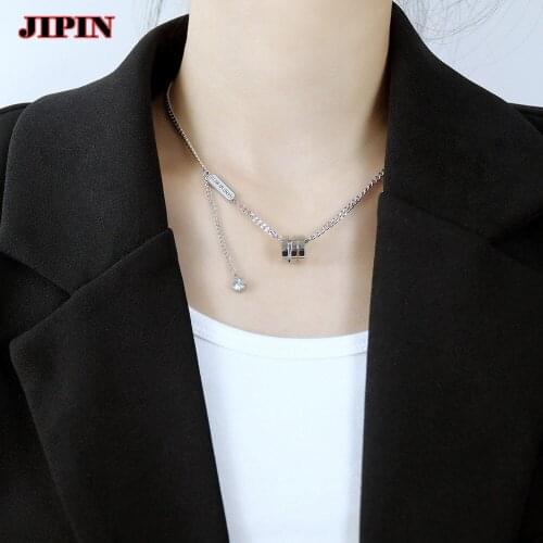 Trendy Stainless Steel Collar Necklace Charm Metal Geometric CZ Pendant Chain Necklace Bling Cubic Zirconia Jewelry B01120