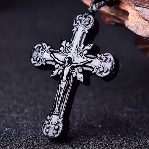 Natural Black Obsidian Hand Carved Cross Pendant Fashion Boutique Jewelry Mens and Womens Cross Necklace Gift