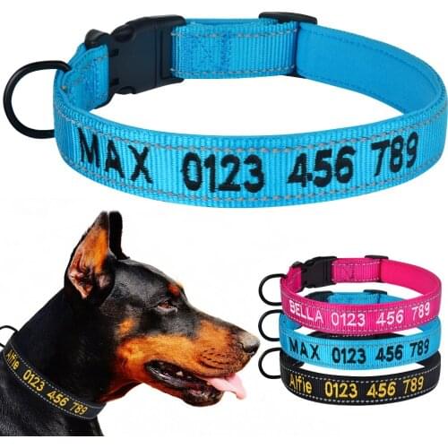 Adjustable Nylon Personalised Embroidered Dog Collar Puppy ID Collars Reflective