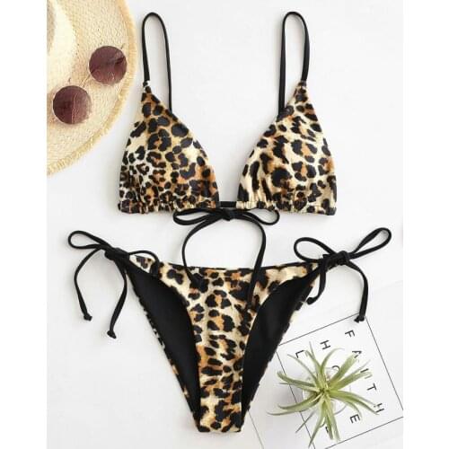 2021 Sexy Women’s Leopard 2Pcs Bikinis Suit Split Style V-neck Drawstring Lace-up Triangle Bikini Sets Brazilian micro bikinis