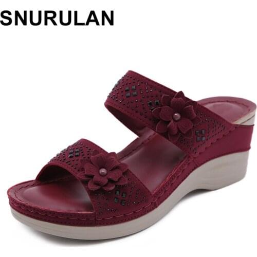 SNURULAN2020 new summer womens slippers color matching massage bottom large size flower retro slope with comfortable wild word
