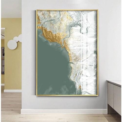 Modern Abstract Landscape Canvas Wall Art Painting Green Gold Poster Wall Art Pictures for Living Room Aesthetic Room Decor