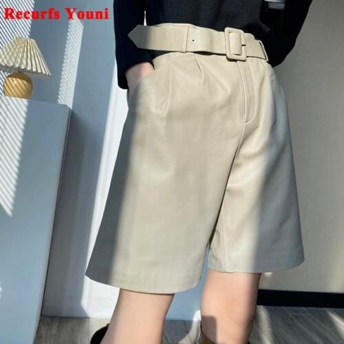 Excellent Texture100% Lambskin Bermuda Shorts Womens Straight Waist Real Leather Casual Pants With Belt Chic Rum Brown Trousers