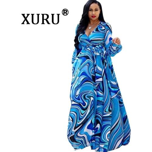 XURU chiffon print dress beach large size dress S-5XL womens long sleeve V-neck casual loose dress