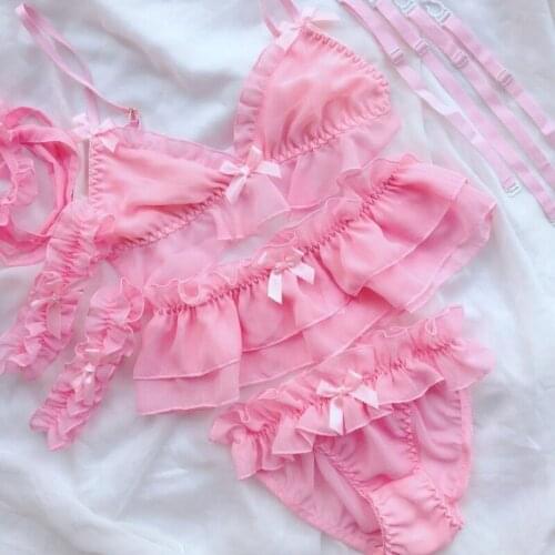 Japanese Lingerie Womens Sexy Cosplay Lingerie Set Ruffle Baby Doll Teddy Outfit Bra An Pantie Nightie with Choker Garter Set