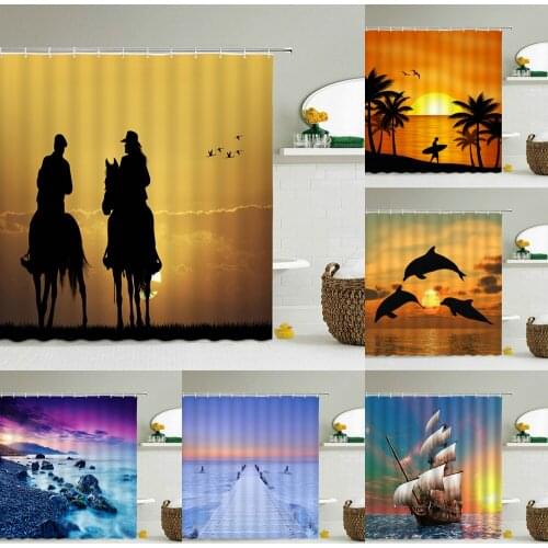 Sunlight Ocean Scenery Shower Curtains Decoration Waterproof Fabric Sunset Dusk Sea Dolphin Cowboy Bath Curtain Bathroom Screen