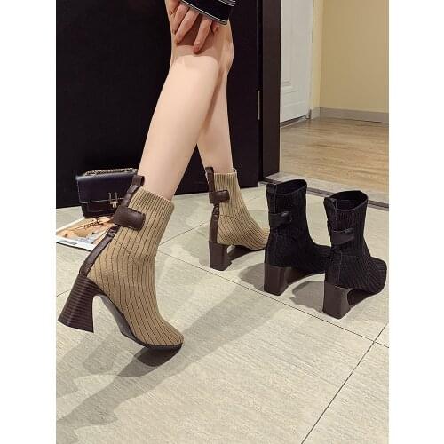 Womens Shoes Ankle Boots 2021 New Spring and Autumn Fashion Square Toe Thick Heel Non-slip Elastic Boots Women Shoes