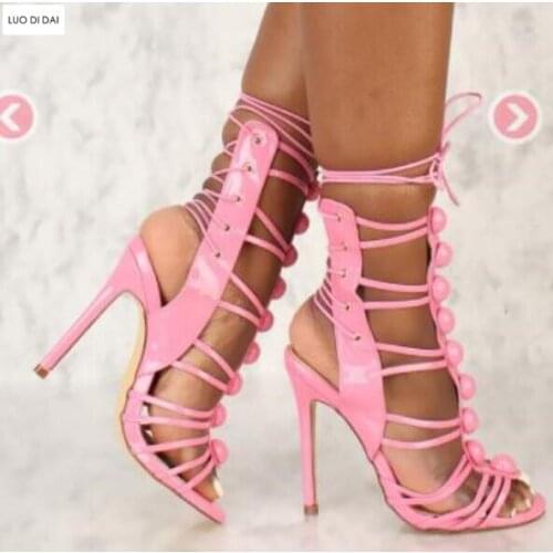 2019 New fashion women PARTY shoes lace up high heels party shoes gladiator sandals pink runway shoes big stud sandals