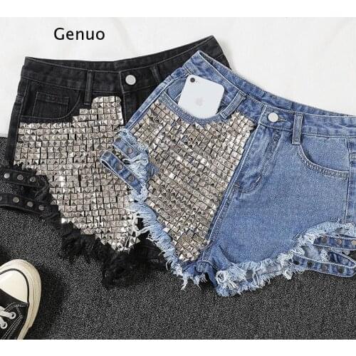 Womens Fashion Brand Vintage Tassel Rivet Ripped High Waisted Short Jeans Punk Sexy Hot Woman Denim Shorts