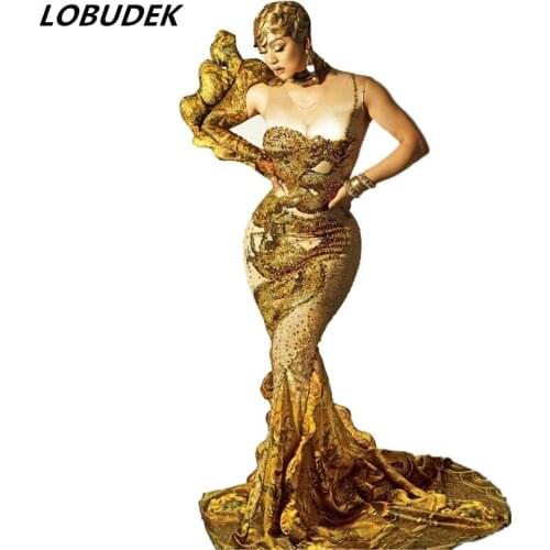 Women Singer Host Model Catwalk Evening Party Birthday Celebrate Gold Rhinestone Tailing Floor-length Mermaid Dresses Stage Wear