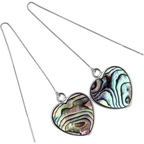 TUMBEELLUWA Natural Abalone Shell Long Ear Line Women Earrings,Sliver Chain Hanging Round Heart Oval Bead Pendant Charms Jewelry