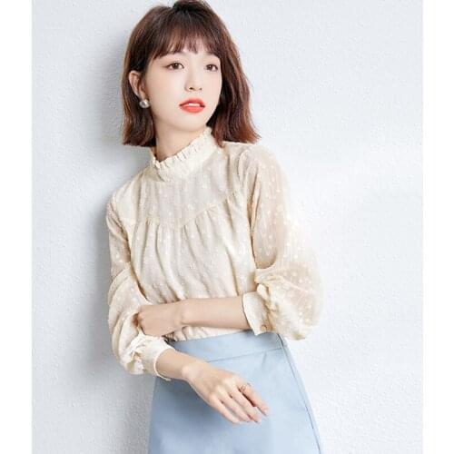 Women Chiffon Blusas Mujer Long Sleeve Sexy Solid Beige Tops Tees Korean Style Loose OL Blouses Female Plus Size Shirts 1092