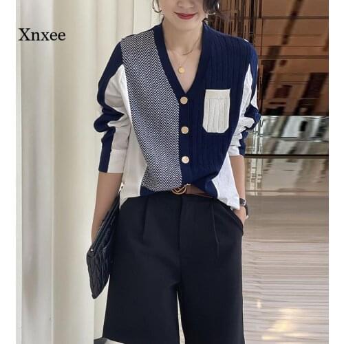 Knitted Patchwork Shirts Cropped Tops Sweater Gilet Chic Korean Style Women Oversized Lazy Fall Cardigan Clothing Loose Blouses