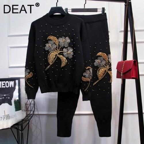 DEAT Women Two Piece Set Beading Knitted Flower Sweatershirt Elastic Waist Long Pants New Fashion Tide Autumn Winter 2021 11B795