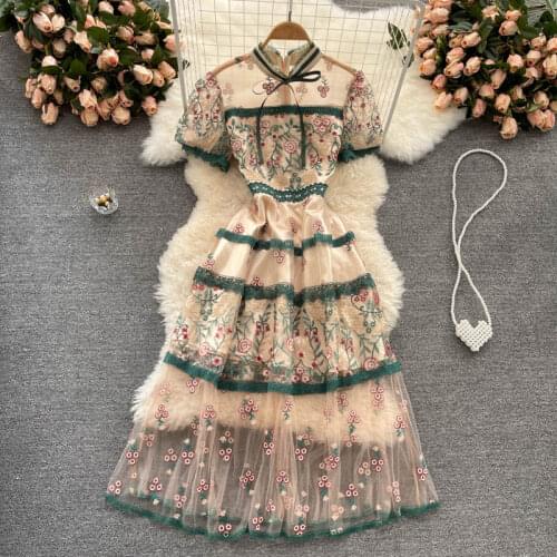 Europe Style 2021 Summer Elegant Women Bow Short Sleeve Embroidery Mesh A Line Dress Female Birthday Party Dresses Vestido