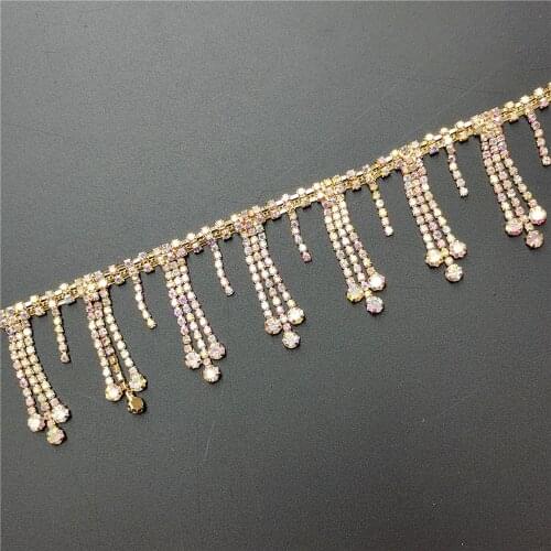 1 Feet AB Gold Tassel Pendant Rhinestone Fringe Trim Crystal Decorative Metal Chain For Clothes Dress Bag Shoes Accessories