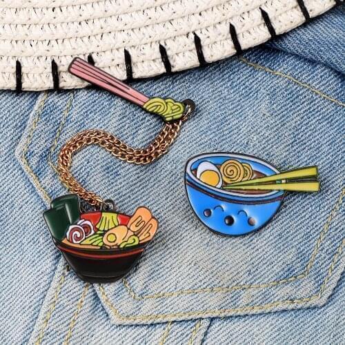2pcs/set Cartoon Ramen Enamel Pins Chopsticks Bowl Noodle Chain Jackets Brooches Cute Food Badge Japanese Lapel Pins Jewelry
