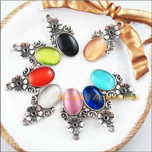 8 New Oval Charms Tibetan Silver Tone Retro Mixed Cat eye Stone Pendants 15x28.5mm