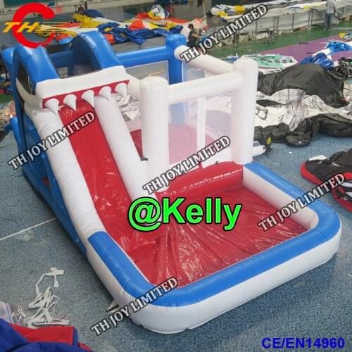 Free shipping shark inflatable bouncer slide combo, commercial high quality inflatable slide with pool, popular air moonwalk