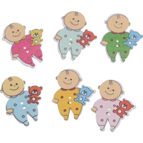 Free Shipping Retail 10Pcs Random Mixed 2 Holes Pattern Lovely Baby Wood Sewing Buttons Scrapbooking 29x35mm