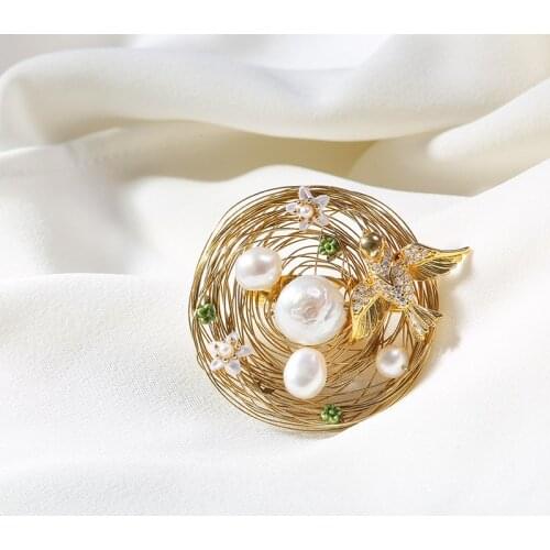 Vanssey Fashion Jewelry Handmade Flower Bird Nest Egg Natural Baroque Pearl Brooch Pins Wedding Accessories for Women 2019 New