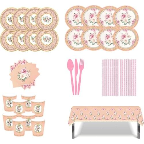 Pretty Peony Flower Set Disposable Tableware Paper Plates Cups Wedding Valentines Day Baby Shower Birthday Party Decor Supplies