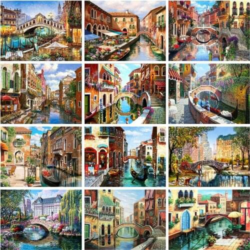 HUACAN 5D DIY Diamond Painting Town Landscape Full Square Diamond Embroidery Venice Mosaic House Wall Art Handicraft Kits