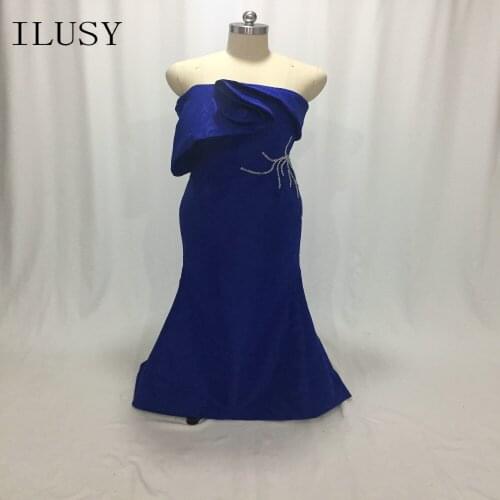 ILUSY Royal Blue Mermaid Prom Dress With Beading Ruffles Strapless Evening Gown vestido de festa