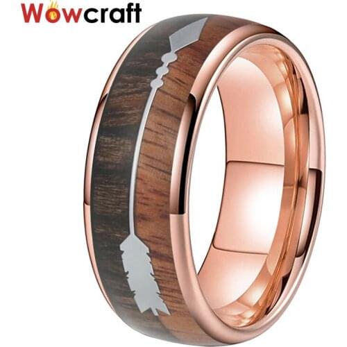 Rose Gold Tungsten Carbide Ring for Men Women Wedding Band Koa Wood Arrow Inlay Dome Edges Comfort Fit Man Fashion Ring