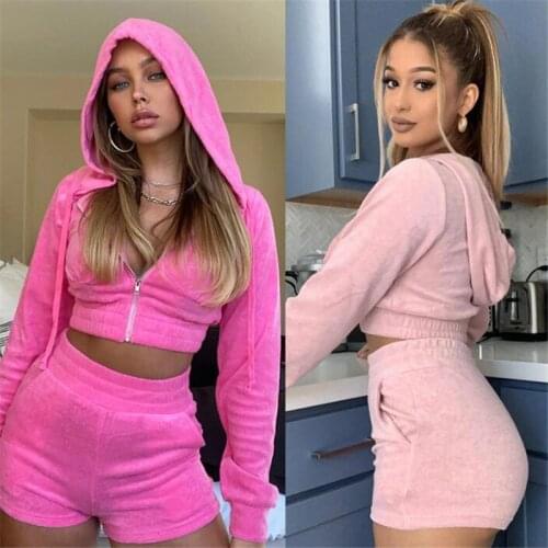 2 Pcs Womans Color Sexy Sets Long Sleeve Zipper Bare Navel Hoodie with Drawstring Casual Shorts with Pocket Ladies Warm Suit