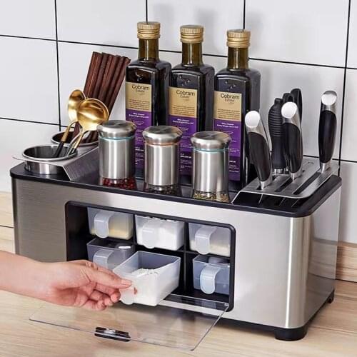 Kitchen Multifunctional Spice Storage Box Stainless Steel Seasoning Jar/Bottle Rack Waterproof and Rust-proof, with Tool Holder