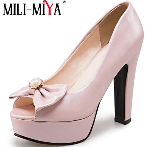 MILI-MIYA Big Size 48 Women Bowtie High Heels Pumps Platform Open Toe Slip-On Footwear Dress Party Shoes For Ladies