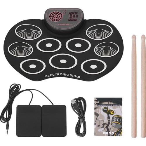Electronic Drum Set USB Roll Up Drum Pad Kit 9 Drumpads Built-in Speaker with Sticks Foot Pedals Digital Percussion Instruments