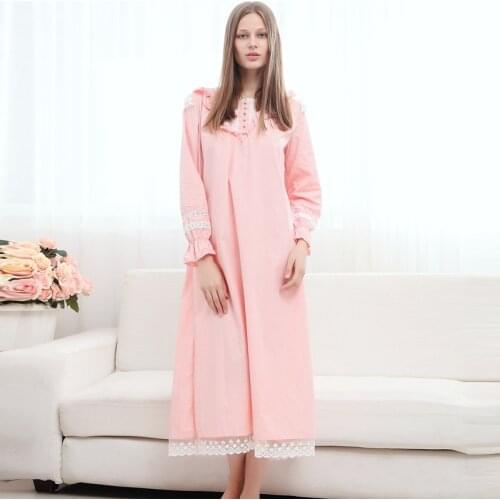 Womens Plus Size Loose Sexy Home Dress Court Retro Long-sleeved Princess Nightdress Pure Cotton Nightgown Solid Sleep Wear Long