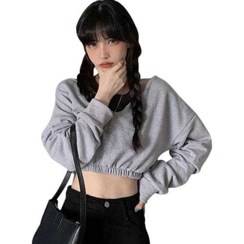 New Long-sleeved Sweatshirt Womens Short Cropped Solid Color V-neck Top худи толстовка