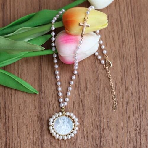30pc Natural Freshwater Pearl Oval /Round San Benito & Cross Mother Pearl Necklace Benito Mother Pearl Necklace for women & Gift
