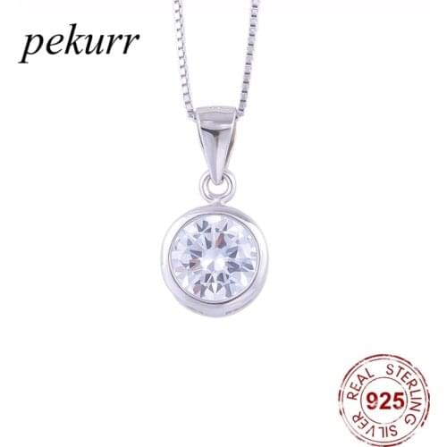 Pekurr 925 Sterling Silver Round Gems Zircon Necklaces For Women Classic Crystal Pendants Fashion Jewelry
