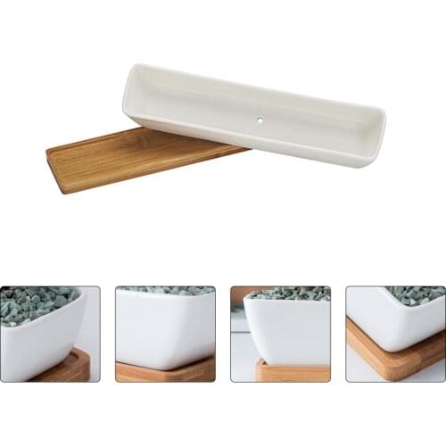 Rectangular Succulent Flowerpot Gardening Ceramic Plant Pot with Bamboo Saucer